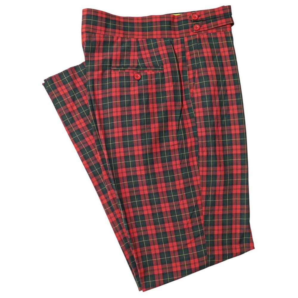 Mens Gurkha Pants 38 Red Green Yellow Tartan Plaid Straight Fit Dress Trousers